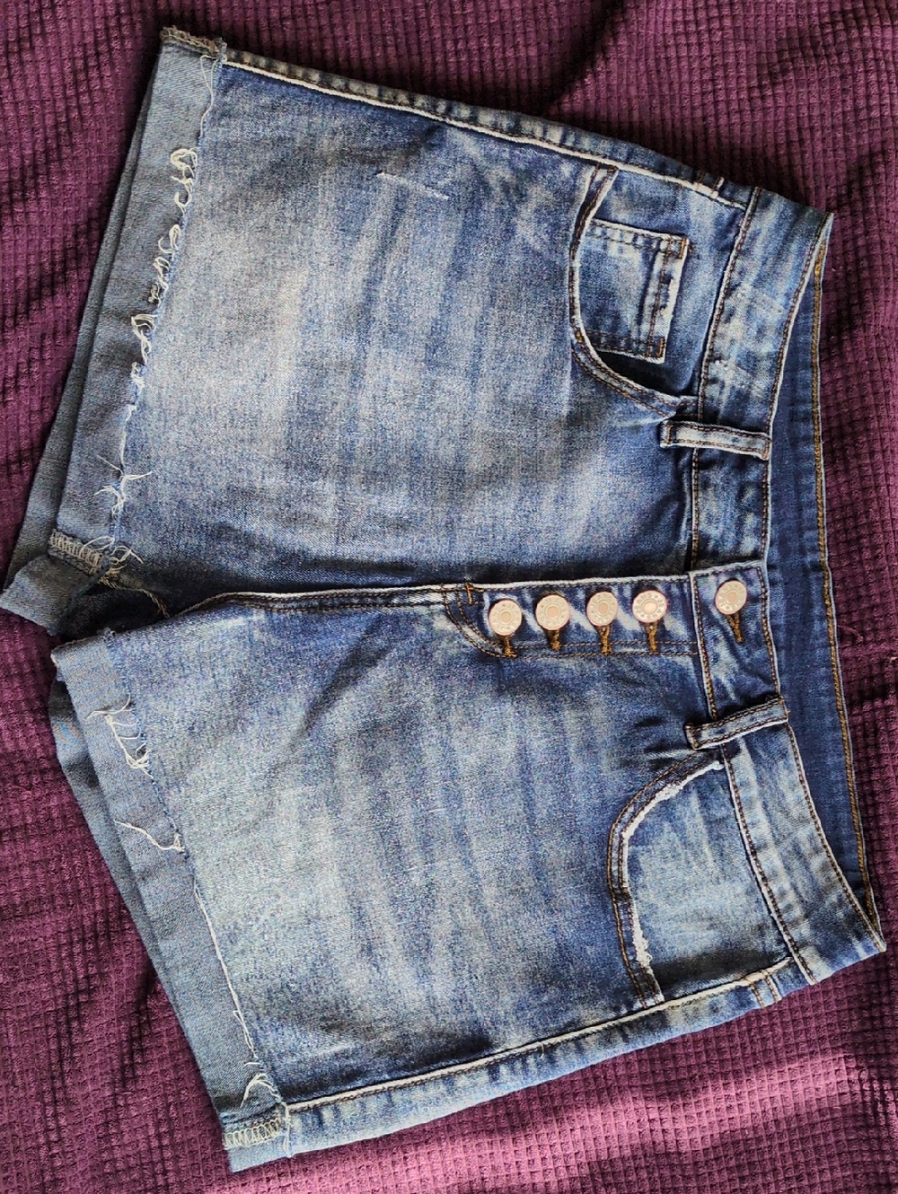 Mid-Rise Button-Fly Distressed Denim Shorts - Medium Wash Blue
